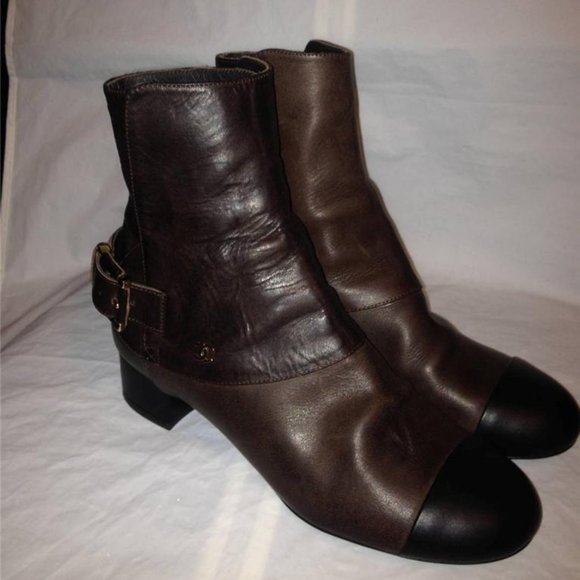 CHANEL 13B Brown Leather Patent Cap Toe Buckled Ankle Bootie Boots Shoes - Picture 4 of 9